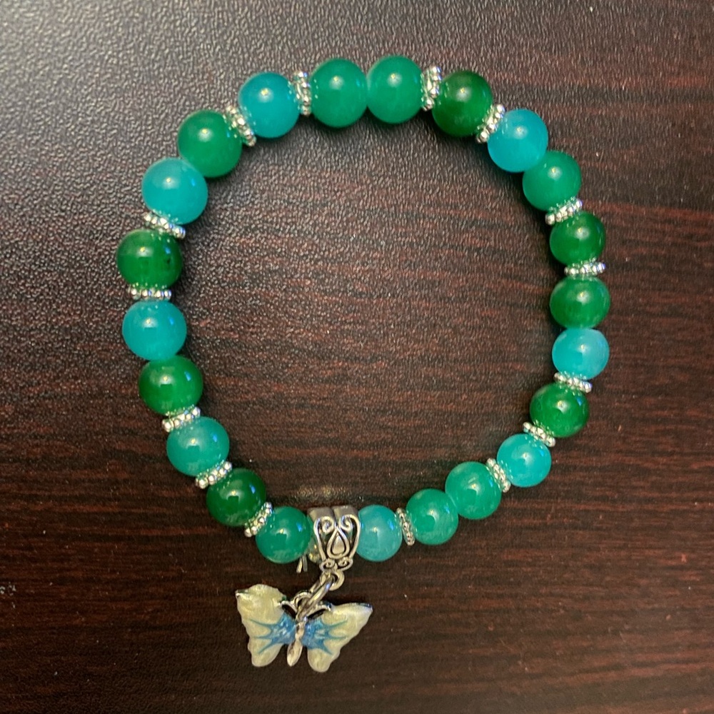 Vibrant Green Beaded Bracelet with Butterfly Charm